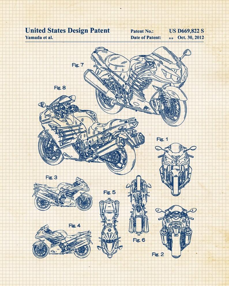 Vintage Motorcycle Blueprint Wall Art