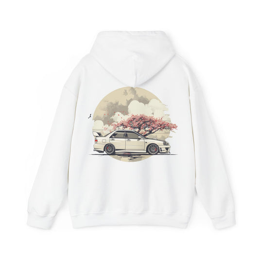 JDM White Subaru WRX STI Hoodie Clean and Simple Aesthetic with Cherry Blossom Background