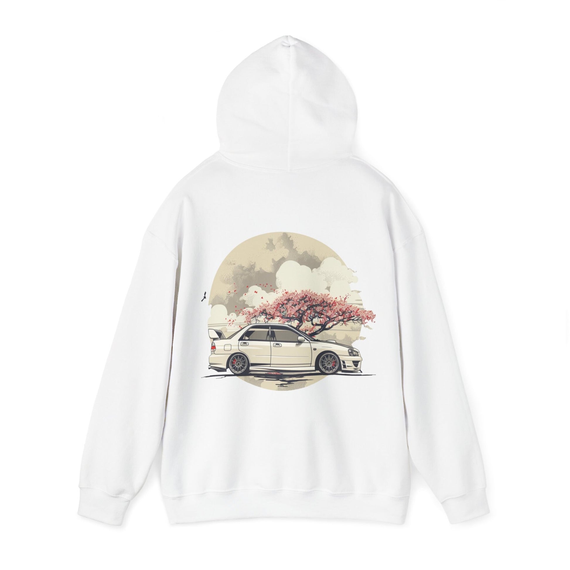 JDM White Subaru WRX STI Hoodie Clean and Simple Aesthetic with Cherry Blossom Background