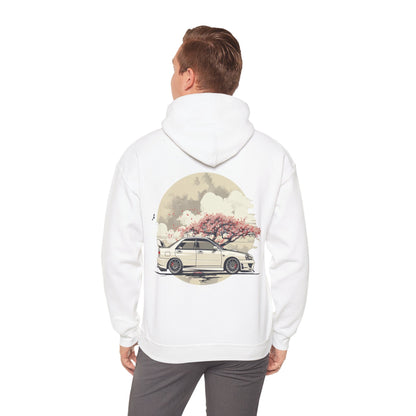 JDM White Subaru WRX STI Hoodie - Clean & Simple Aesthetic with Cherry Blossom Background