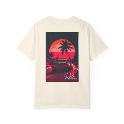 Palm Paradise Retro Car T-shirt - Boosted Gear Co, Vintage Sunset Tee, Cool Unisex Top, Casual Beach Vibes Shirt, Unique Graphic Apparel