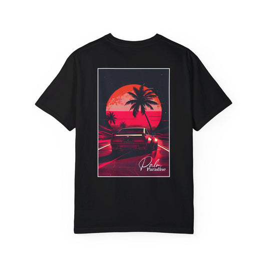 Palm Paradise Retro Car T-shirt - Boosted Gear Co, Vintage Sunset Tee, Cool Unisex Top, Casual Beach Vibes Shirt, Unique Graphic Apparel